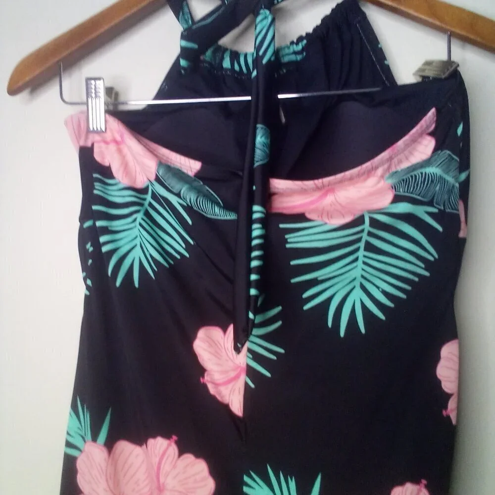 Crane Swimsuit Women XL One Piece Halter Floral Tropical Black Green Pink